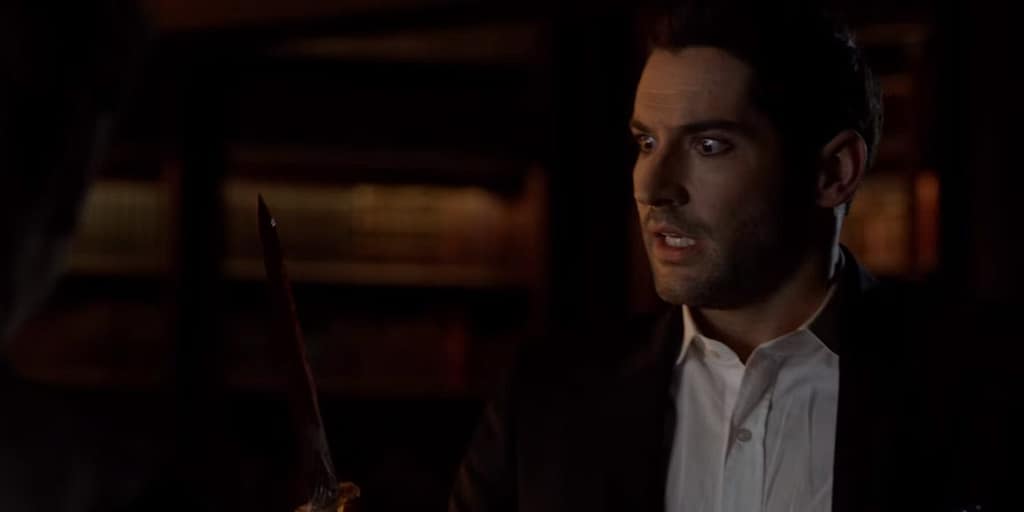 Lucifer trapped in a hell loop, paralyzed by guilt after killing his brother Uriel—a visual metaphor for self-punishment and emotional imprisonment in the Netflix series.