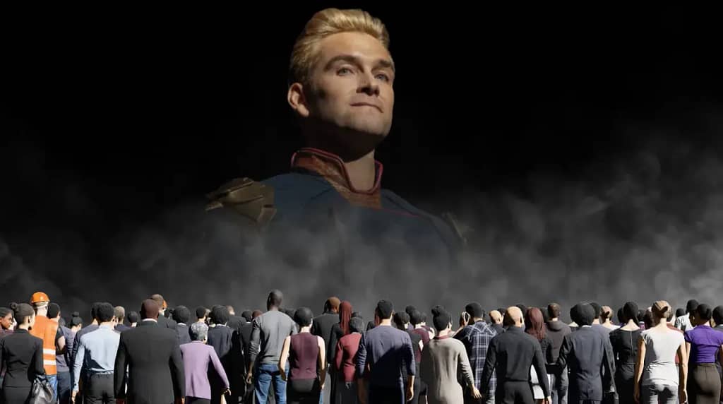 A largeer group of people facing giant image of Homelander projected in a smoke-filled space