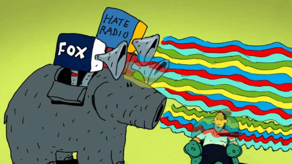 Cartoon elephant labeled “FOX” and “Hate Radio” blasting rainbow waves at seated man
