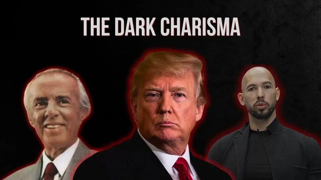 Composite image of controversial figures with red outlines beneath the title "The Dark Charisma", symbolizing cult-like influence