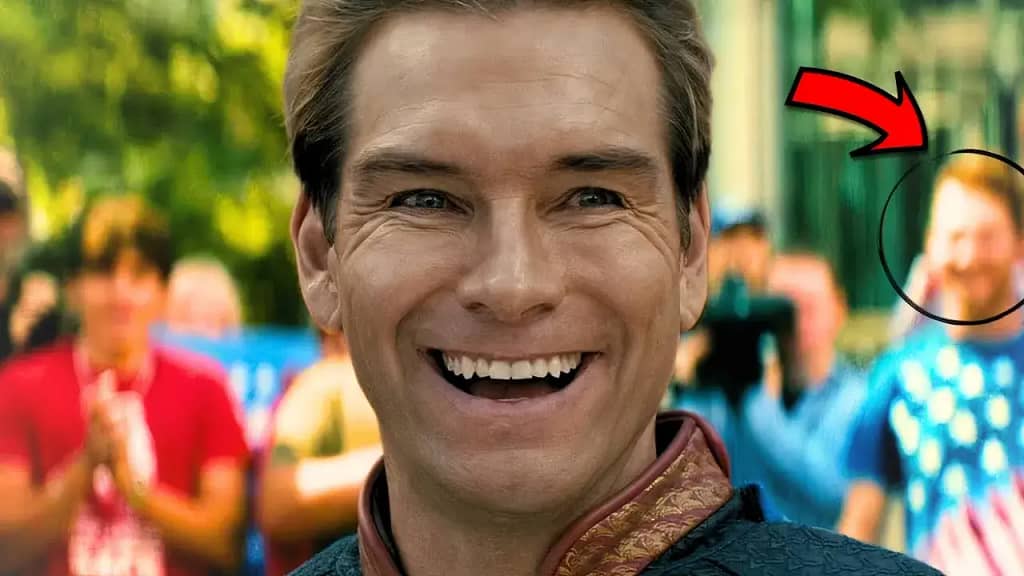 Homelander smiling as crowd cheers in background, with one man circled and highlighted.