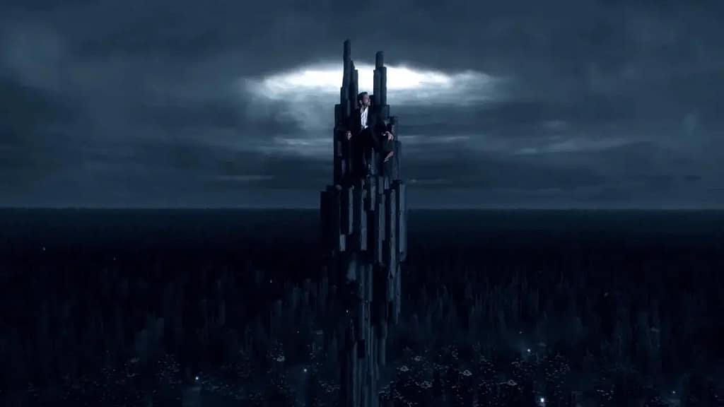 Lucifer sitting alone on a towering black spire under stormy skies, symbolizing emotional isolation and the burden of self-imposed punishment.