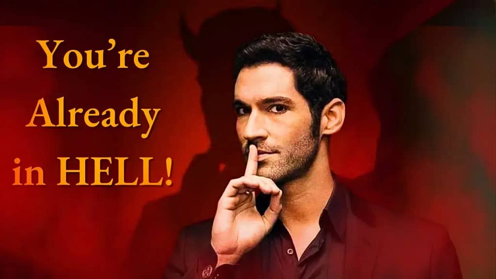 Lucifer character with devilish silhouette and finger to lips, next to bold text saying ‘You’re Already in Hell,’ symbolizing psychological torment as shown in the TV series Lucifer.