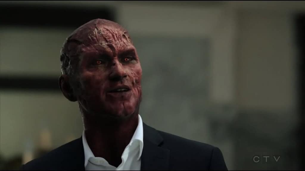 Lucifer revealing his monstrous devil face, a symbolic manifestation of internalized guilt, self-loathing, and emotional defense.