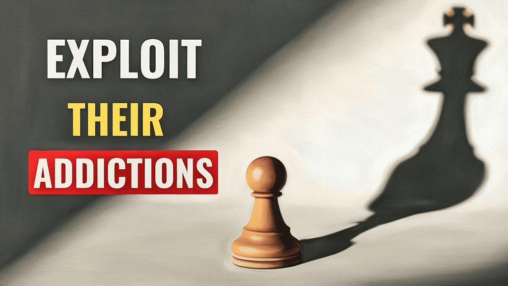 Chess pawn casting a king's shadow with bold text reading "Exploit Their Addictions" in a dramatic light.