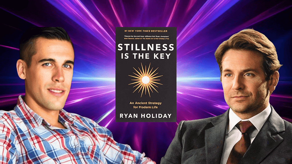 Ryan Holiday and Eddie Morra flank the book cover of Stillness Is the Key against a vibrant background.
