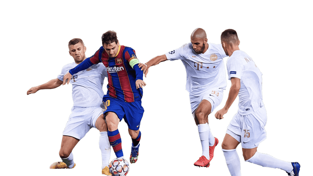 Lionel Messi dribbles the ball while surrounded by three defenders in a football match.
