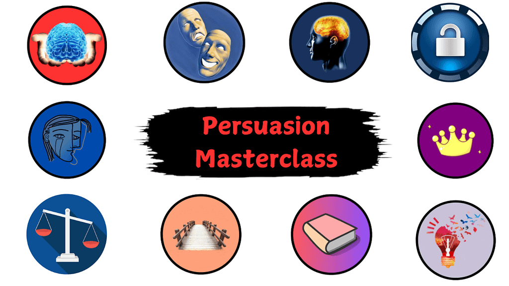 Grid of symbolic icons around “Persuasion Masterclass” title, representing psychological, emotional, and rhetorical tactics for influence.