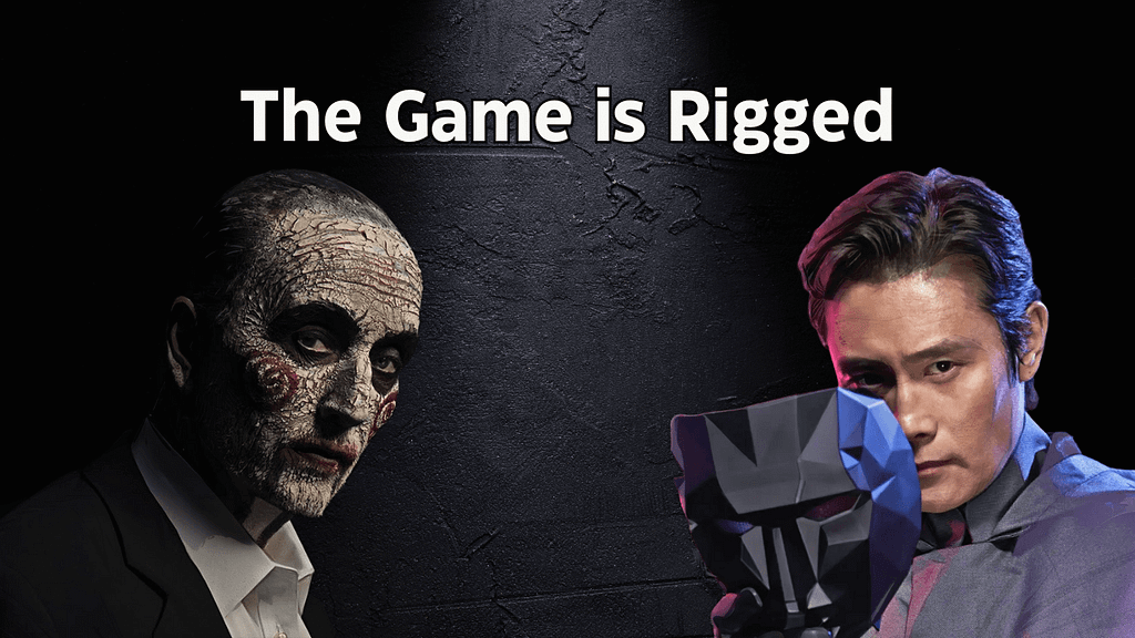 Jigsaw and the Front Man from Squid Game under spotlight with text “The Game is Rigged,” symbolizing power, control, and illusion of choice.