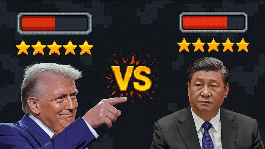 Pixel-style graphic showing Donald Trump and Xi Jinping facing off with health bars and five-star ratings, symbolizing U.S.-China rivalry.