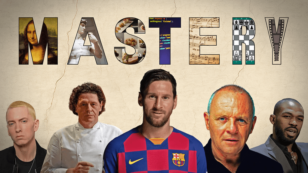 The word "MASTERY" illustrated with thematic imagery inside each letter, above portraits of top performers from diverse fields including music, culinary arts, sports, acting, and fighting.
