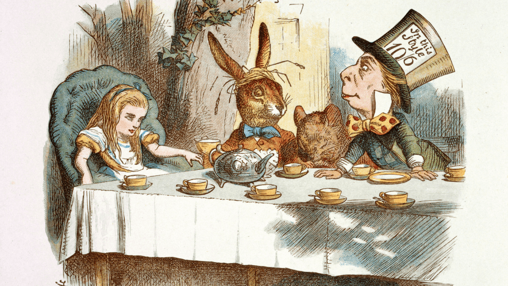 Illustration of Alice at the Mad Hatter’s tea party, symbolizing the surreal, immersive escape of maladaptive daydreaming