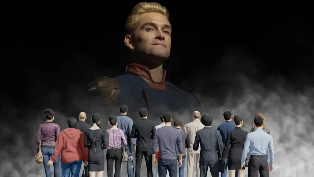 Diverse crowd gazing up at an enormous, looming image of Homelander in a dark smoky void