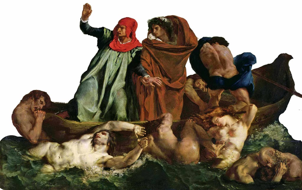 Dante and Virgil in a boat surrounded by tormented souls in a stormy sea.
