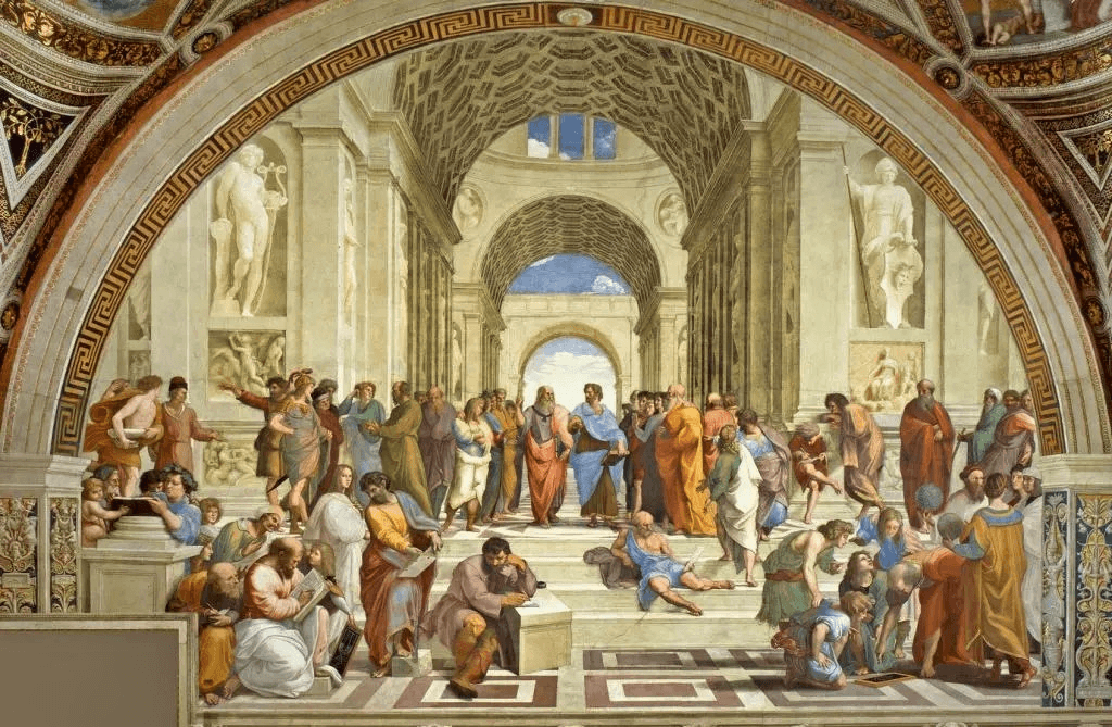 A Renaissance fresco, The School of Athens by Raphael, depicts ancient Greek philosophers like Plato and Aristotle surrounded by fellow thinkers in a grand classical hall. The scene symbolizes the pursuit of wisdom, reason, and dialogue, timeless foundations of personal growth through critical thinking, self-inquiry, and learning.