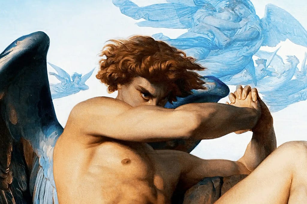 Cabanel’s painting The Fallen Angel, depicting Lucifer with clenched fists and teary eyes after being cast from heaven—symbolizing wounded pride, guilt, and existential despair.