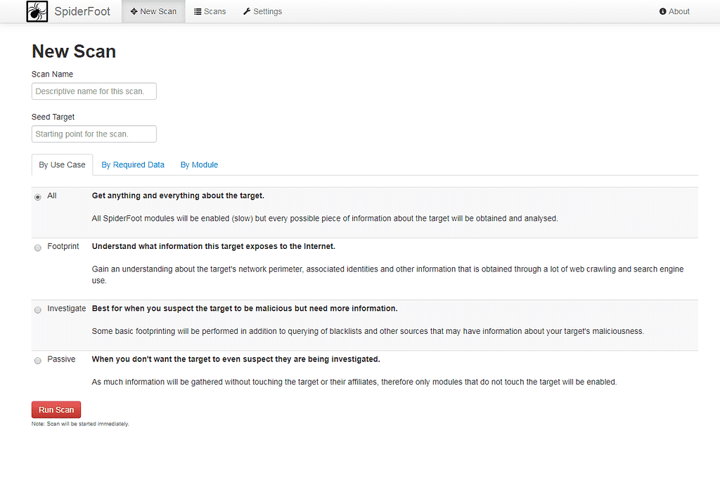 SpiderFoot tool new scan page used to collect information for social engineering reconnaissance.