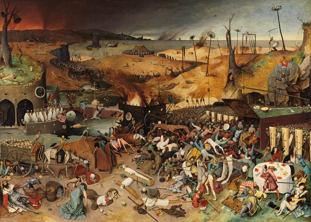 Chaotic medieval battlefield with death and destruction, from Bruegel’s “The Triumph of Death.”