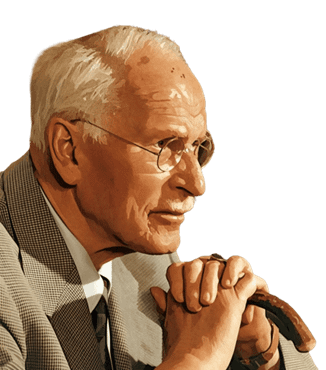 Portrait of Carl Jung with hands clasped over a cane, gazing thoughtfully to the side.