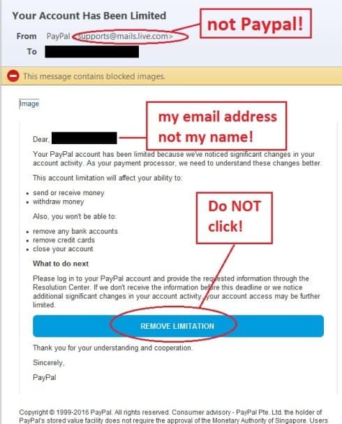 Suspicious PayPal phishing email warning about account limitation, urging user to click a malicious link, a common social engineering ploy.