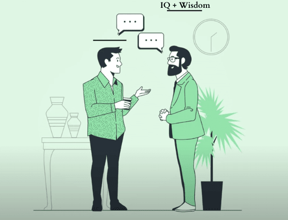Two men in conversation, representing the importance of combining intelligence and wisdom for better rapport.