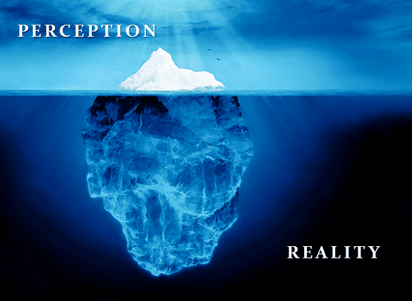 Iceberg visual showing small tip labeled "perception" above water and massive base labeled "reality" below