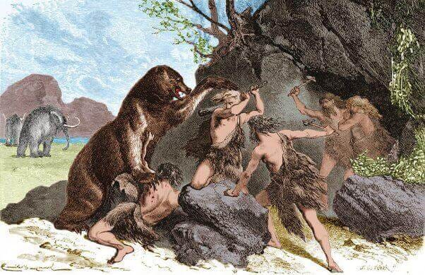 Illustration of early humans defending against a bear, symbolizing primal fear responses.