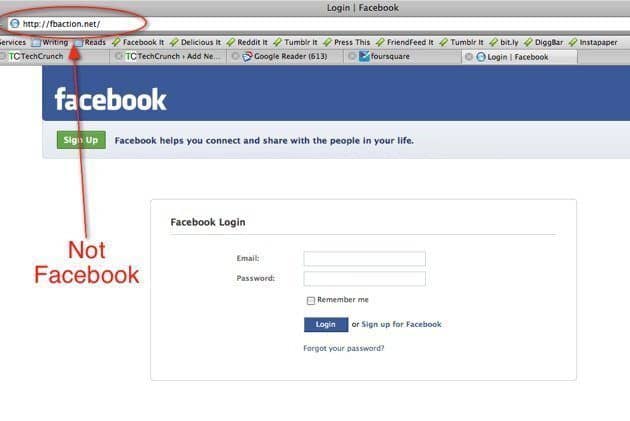 Phishing example showing a fake Facebook login page with a misleading URL, illustrating social engineering tactics.

