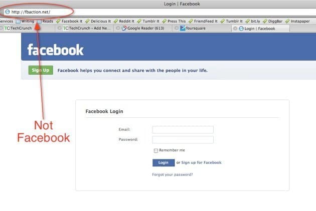 Phishing example showing a fake Facebook login page with a misleading URL, illustrating social engineering tactics.