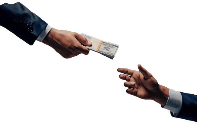 One hand in a suit passes a bundle of money to another hand, symbolizing corruption.