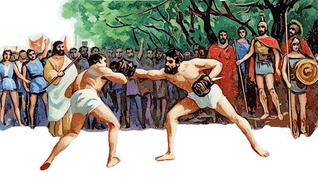 Illustration of two ancient Greek men boxing before a crowd of onlookers and soldiers.