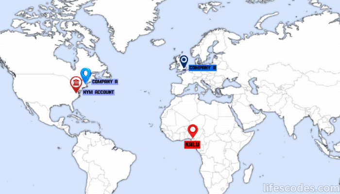 World map showing locations tied to $1.25M BEC scam involving Kalu and Companies A and B