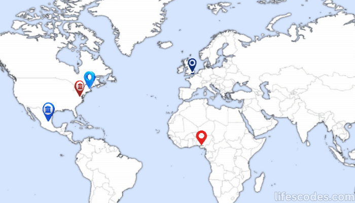 Map marking scam-related locations including Nigeria, UK, and US linked to BEC fraud