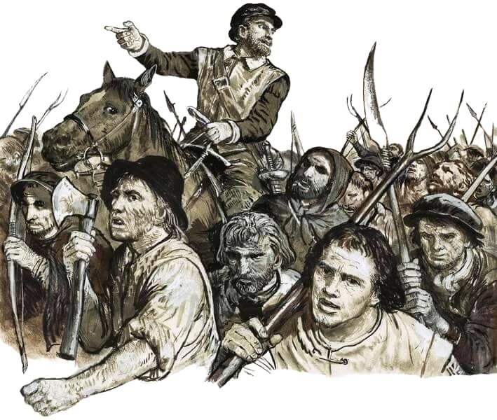 Angry peasants armed with farming tools follow a leader on horseback, raising weapons in revolt.