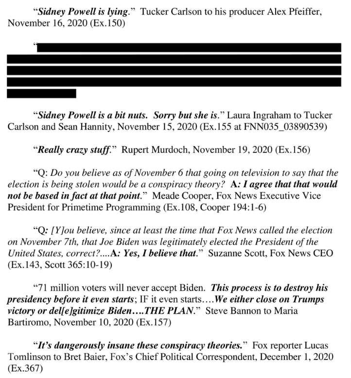 Collection of internal Fox News quotes showing private doubts about election fraud claims