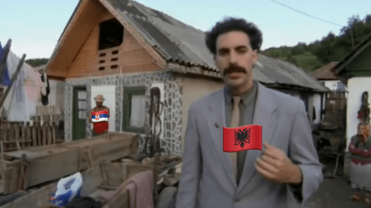 Comedic edit of Borat with Albanian and Serbian flags, humorously mocking the long-standing rivalry between the two sides.