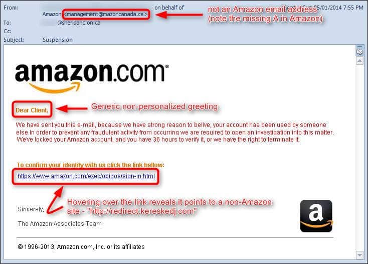 Phishing email posing as Amazon with misspelled sender address, generic greeting, and fake sign-in link for social engineering.