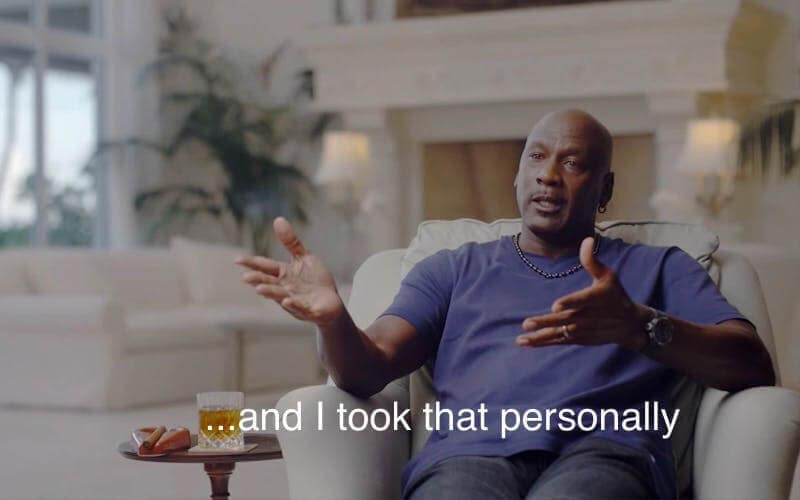 Michael Jordan sitting with a drink, captioned “…and I took that personally.”