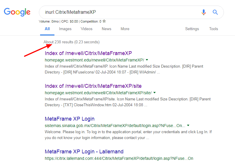 Google search results for inurl:Citrix/MetaFrameXP showing exposed login portals, illustrating social engineering reconnaissance.