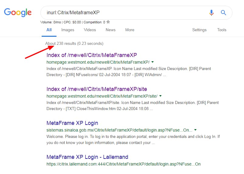 Google search results for inurl:Citrix/MetaFrameXP showing exposed login portals, illustrating social engineering reconnaissance.