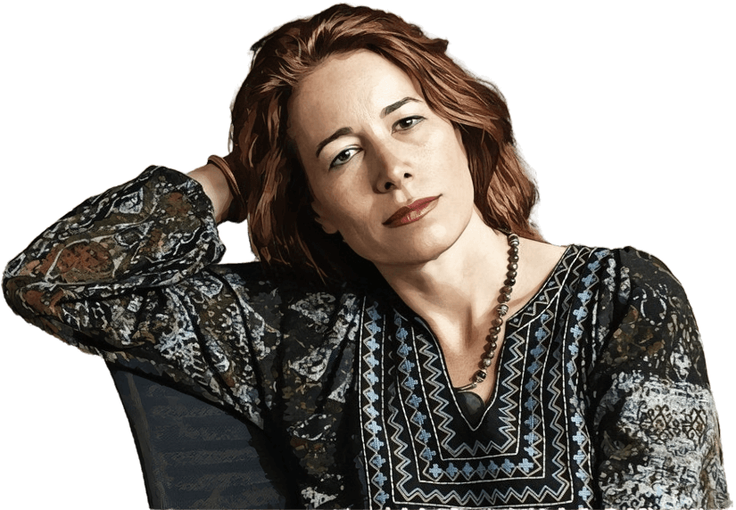 Anne Dufourmantelle, with a calm, contemplative expression, leaning back with one hand behind her head.