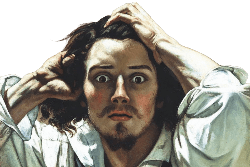 Close-up of a distressed man grabbing his head with wide, panicked eyes.