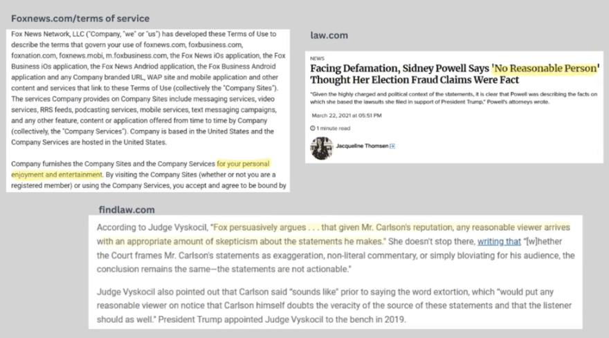 Collage of legal quotes and headlines showing Fox News disclaimers and court rulings about Tucker Carlson’s credibility