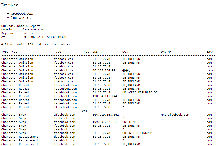 Report listing typo-squatted Facebook domains used in social engineering attacks to trick users into visiting fake websites.