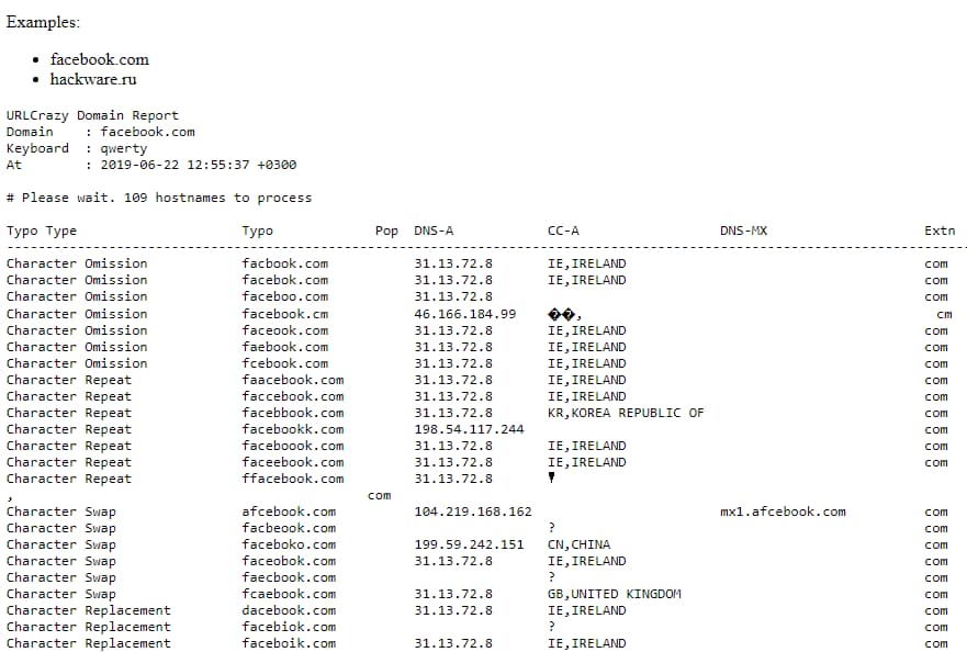 Report listing typo-squatted Facebook domains used in social engineering attacks to trick users into visiting fake websites.