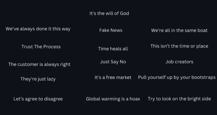 Grid of common ideological phrases like “Fake News” and “Global warming is a hoax” on black background
